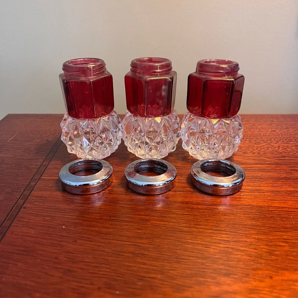 Set of 3 Vintage Ruby Red 3” Painted Crystal Glass Taper Candle Stick Holders